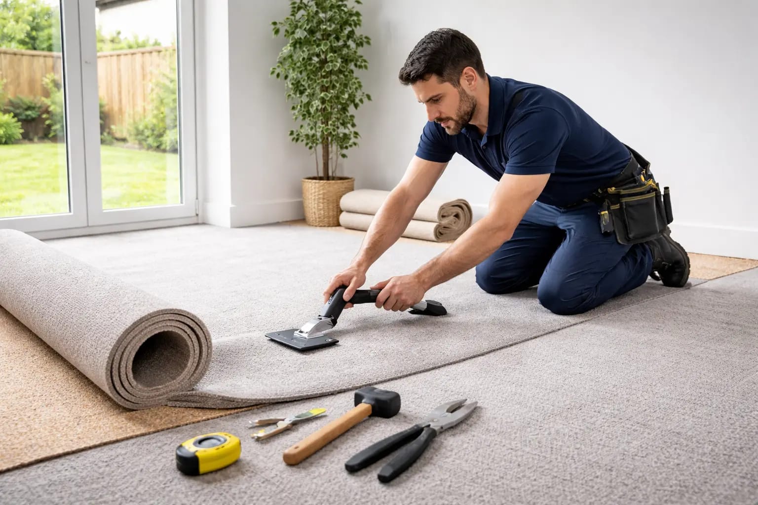 Installing light grey carpet in sunny room