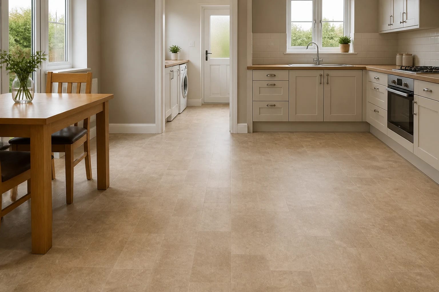 Freshly fitted vinyl flooring in a tidy UK kitchen-diner