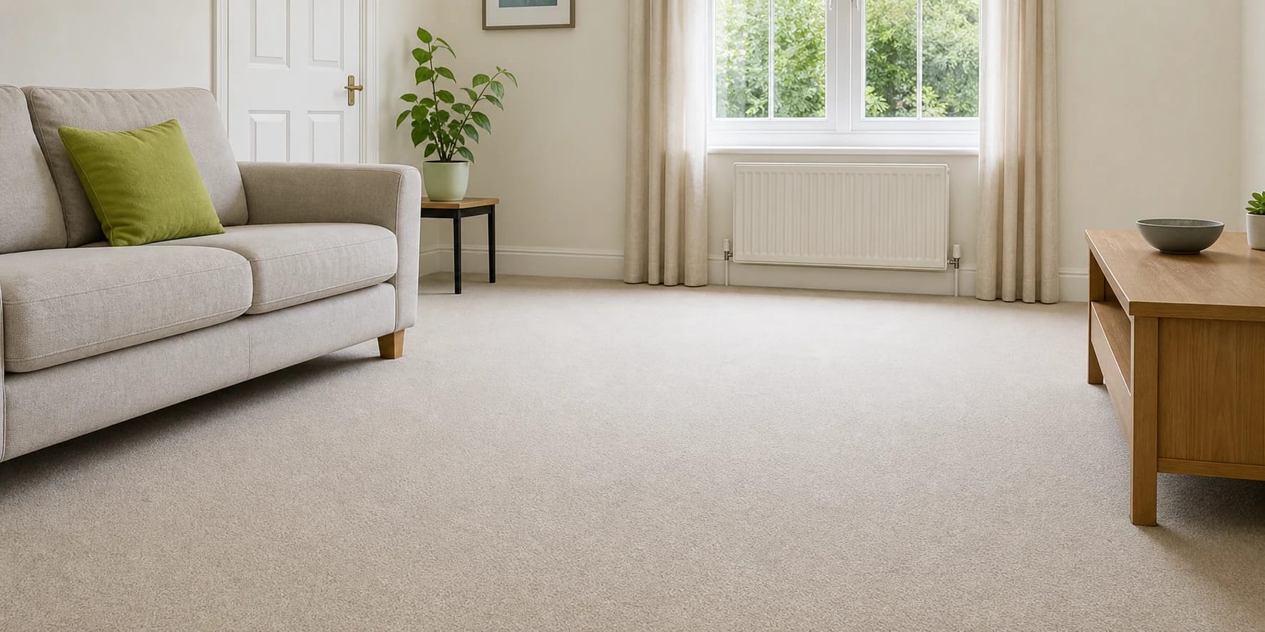 Tidy living room with a smooth newly fitted carpet.