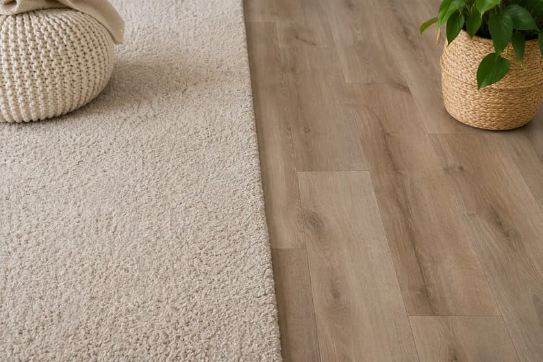 Carpet and wood contrast in harmony