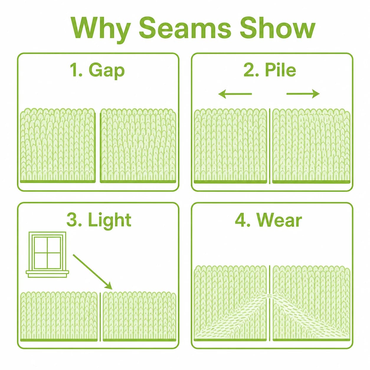 Graphic showing common reasons carpet seams become visible.