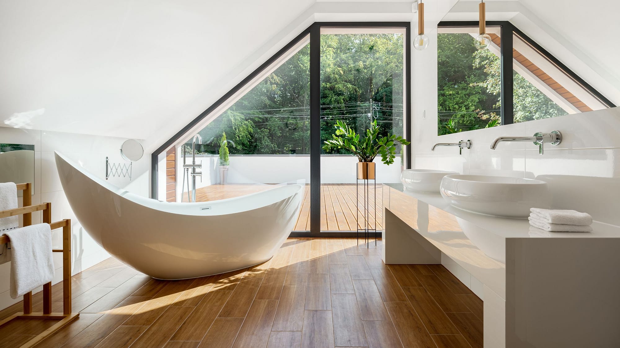 Bathroom with fancy wood flooring